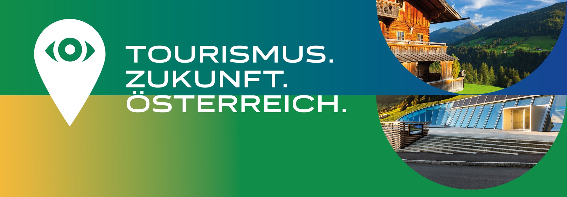 Schriftzug Tourismus Zukunft Österreich mit Grafik und Bildern von Alpbach und Kongresszentrum