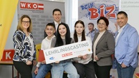 Verena Schermann (WK-Regionalstelle Oberwart), Daniel Baumann (Bildungsdirektion), die Schüler André Szabo, Lea Friedrich, Summer Budal, Tanja Stöckl (WK-Regionalstellenobfrau) und Harald Braun (Geschäftsstellenleiter AMS Oberwart) (v. l.).