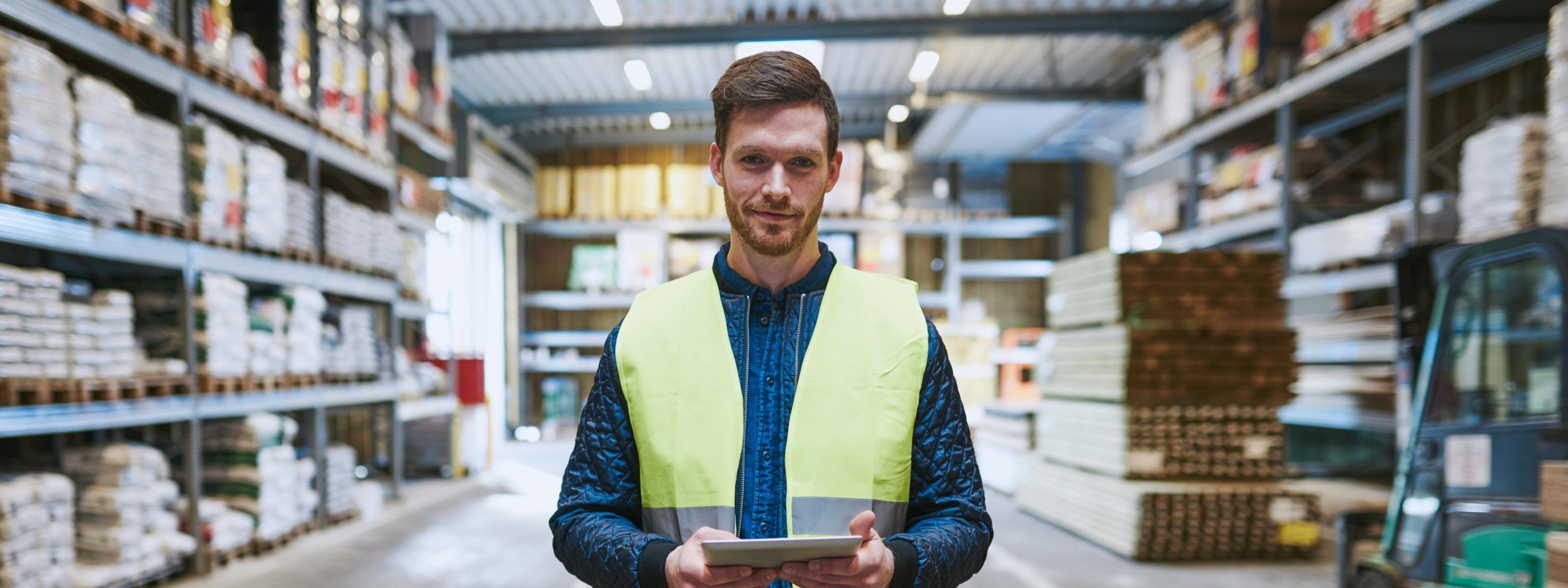 Person mit gelber Schutzweste und Werkzeuggürtel hält Tablet in Händen und steht in Lagerhalle