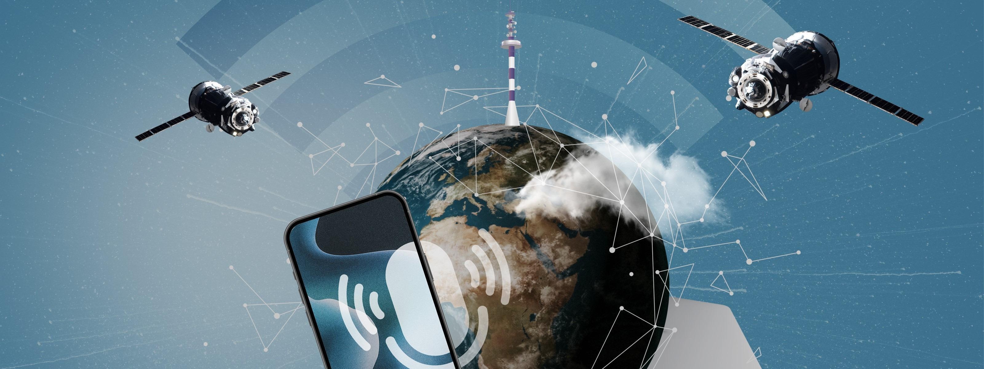Grafische Collage einer Weltkugel mit Vernetzungssymbolik, ringsum Satelliten und ein Smartphone