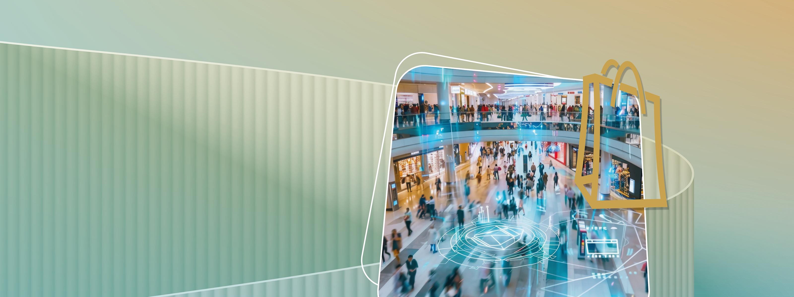 Bild mit Blick in eine Shopping-Mall vor einem grünen Hintergrund