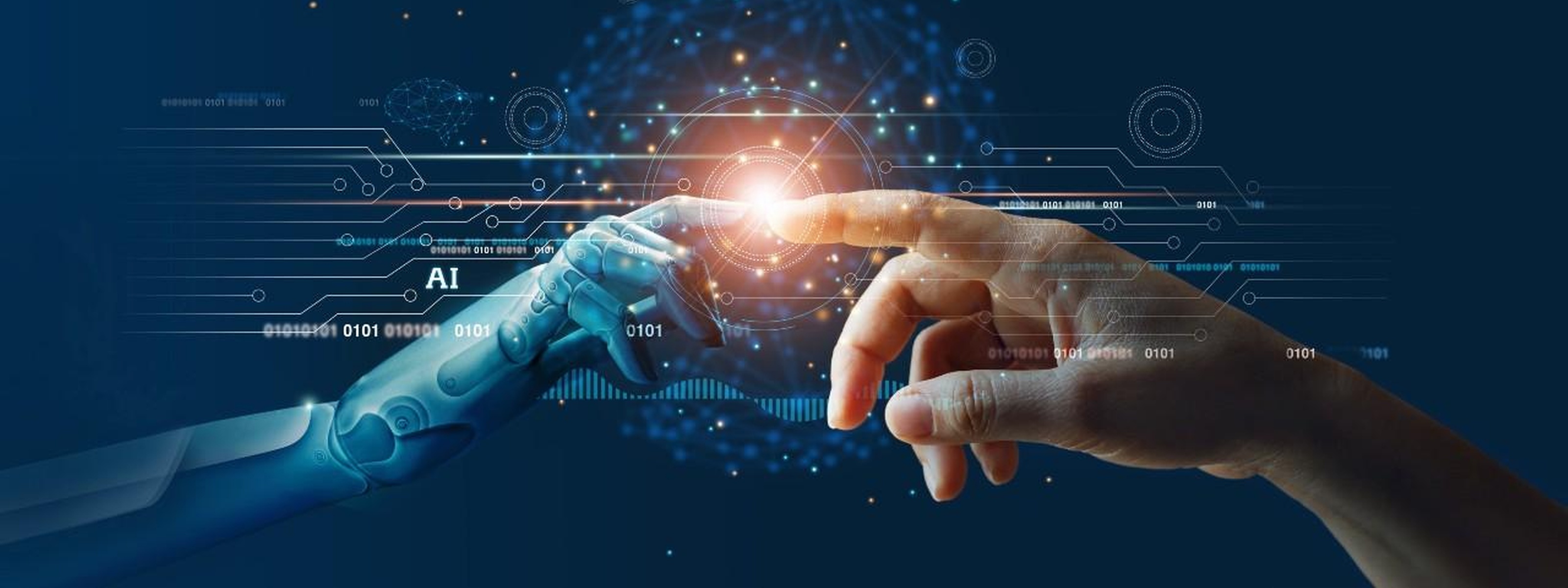 Zeigefinger eines Roboters und eines Mannes berühren sich