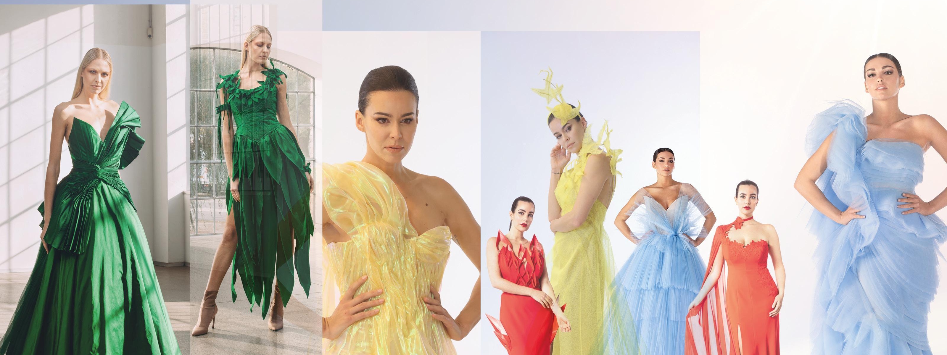 Collage aus mehreren Bildern zum Thema Bekleidungsgewerbe mit unterschiedlichen Haute Couture Kleidern getragen von einem Modell in verschiedenen Farben