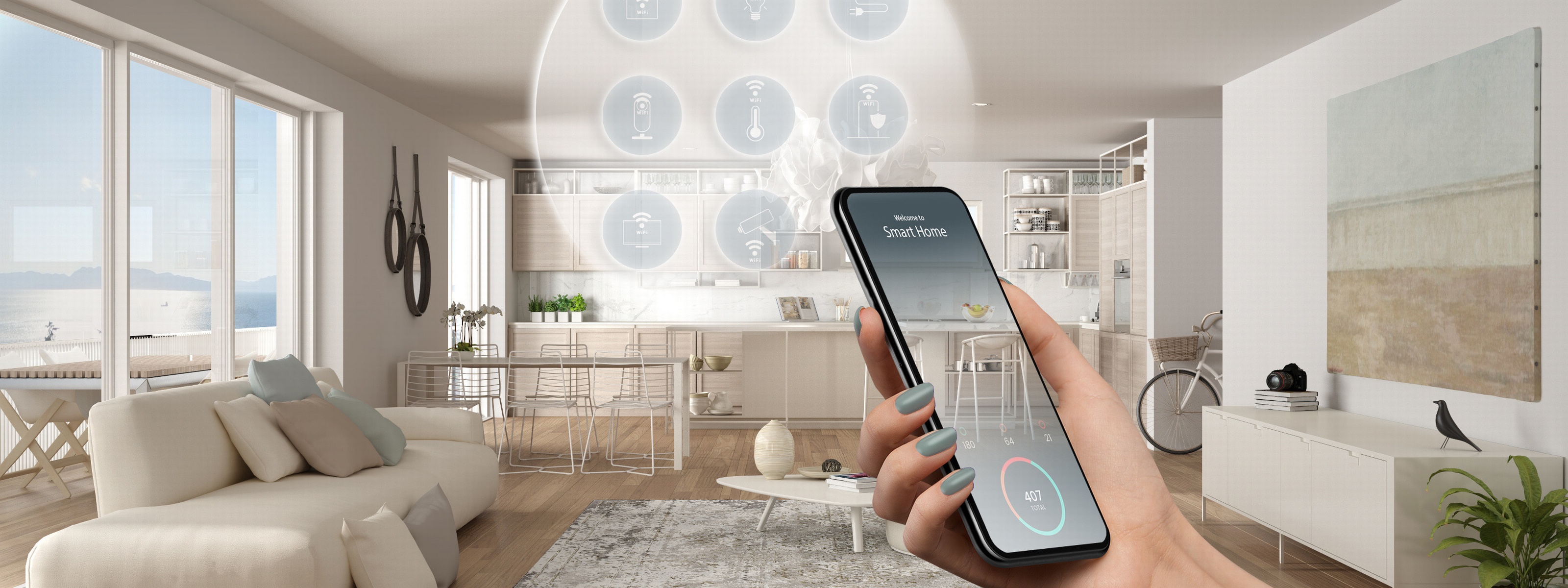 Hand mit Smarthome in Wohnraum ragend, grafisches Element mit Icons Hintergrund überlappend