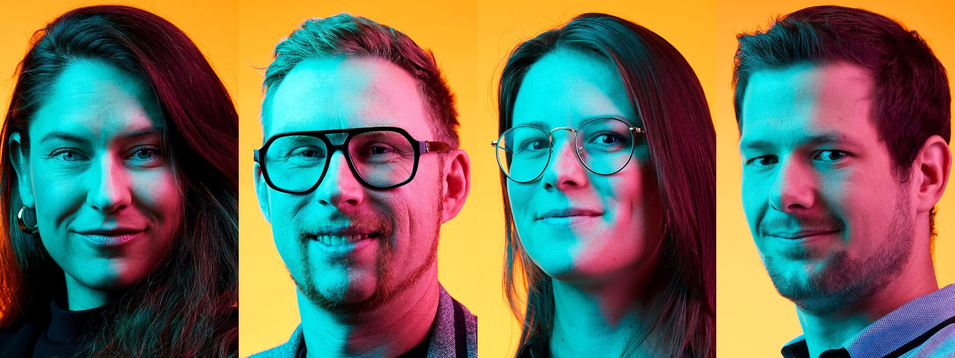 vier Portraits vor orangem Hintergrund