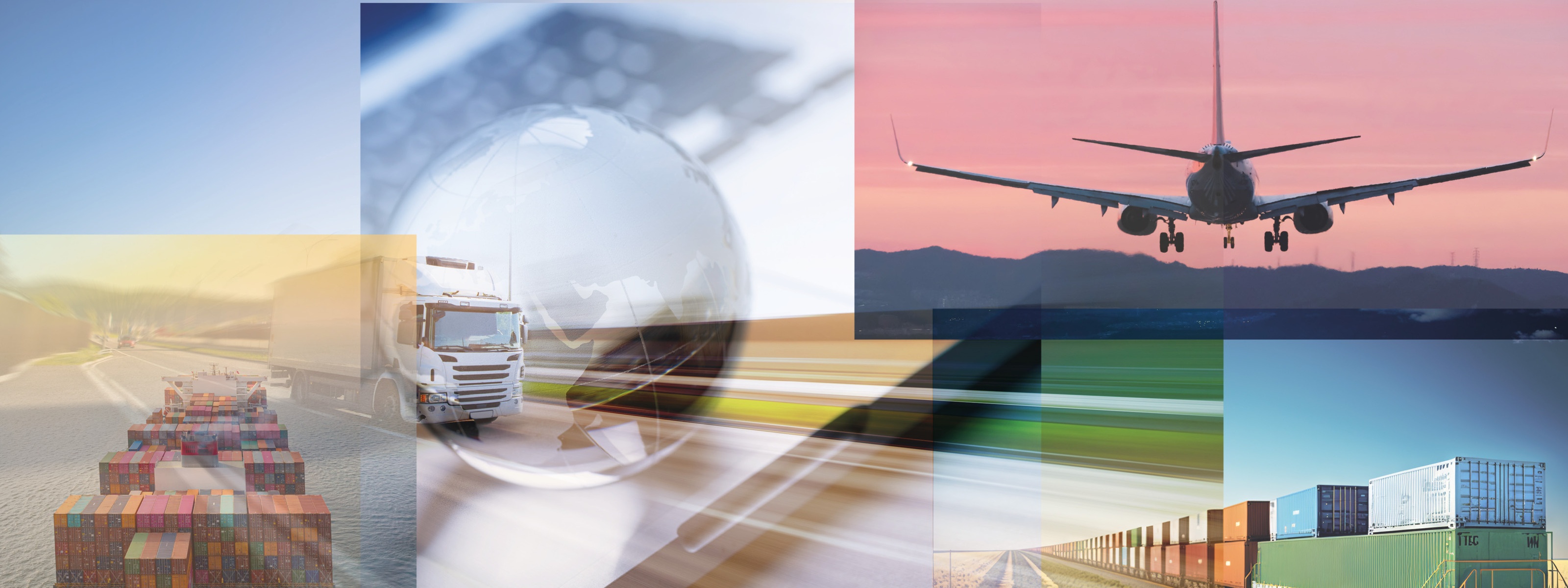 Collage aus mehreren Objekten zum Thema Verkehr und Güterbeförderung: Lkws, Schiff, Flugzeug und Zug