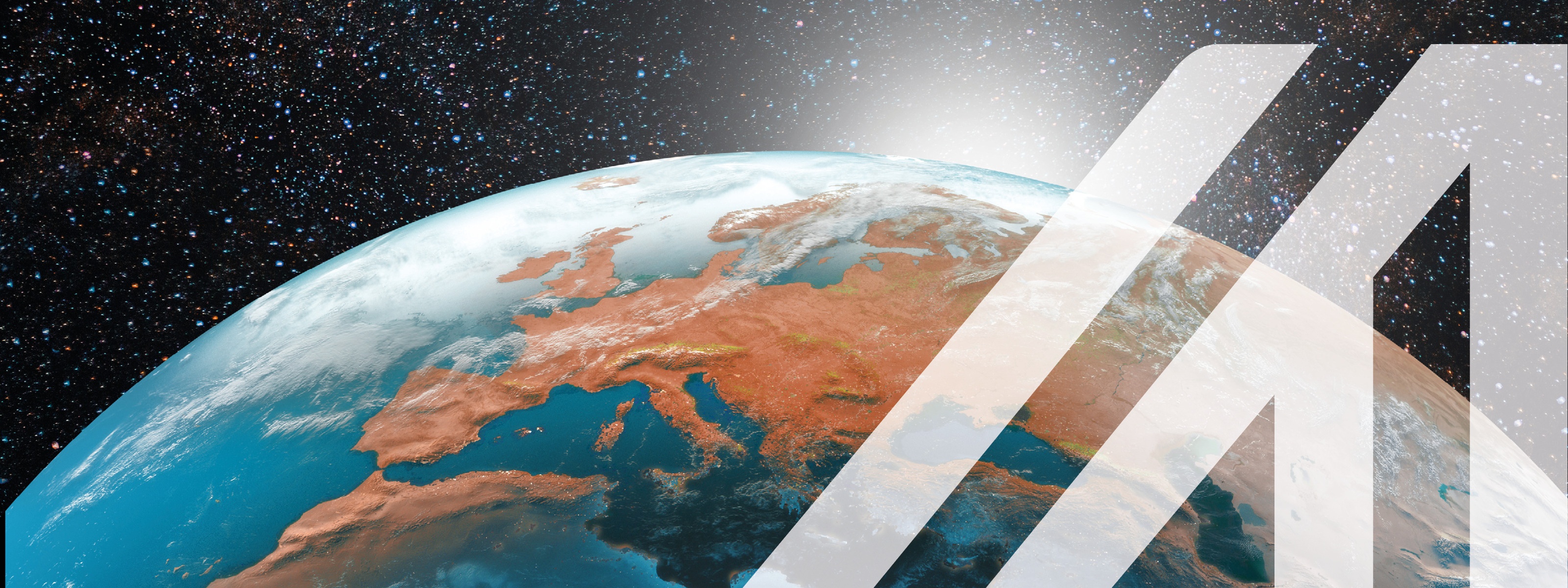 Weltkugel von oben mit Blick auf Europa und dunklem Sternenhimmel; über das Bild wurde ein weißes Austria A gelegt