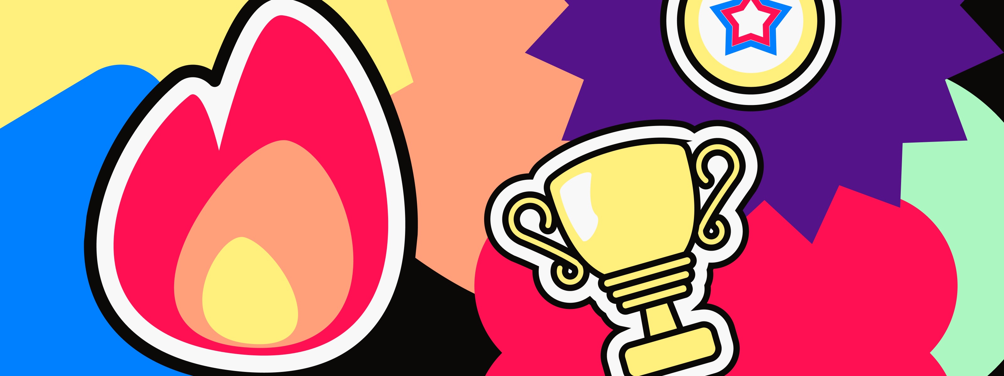 Buntes Sujet bestehend aus verschiedenen farbigen Formen und Emojis wie Flamme, Medaille und Pokal