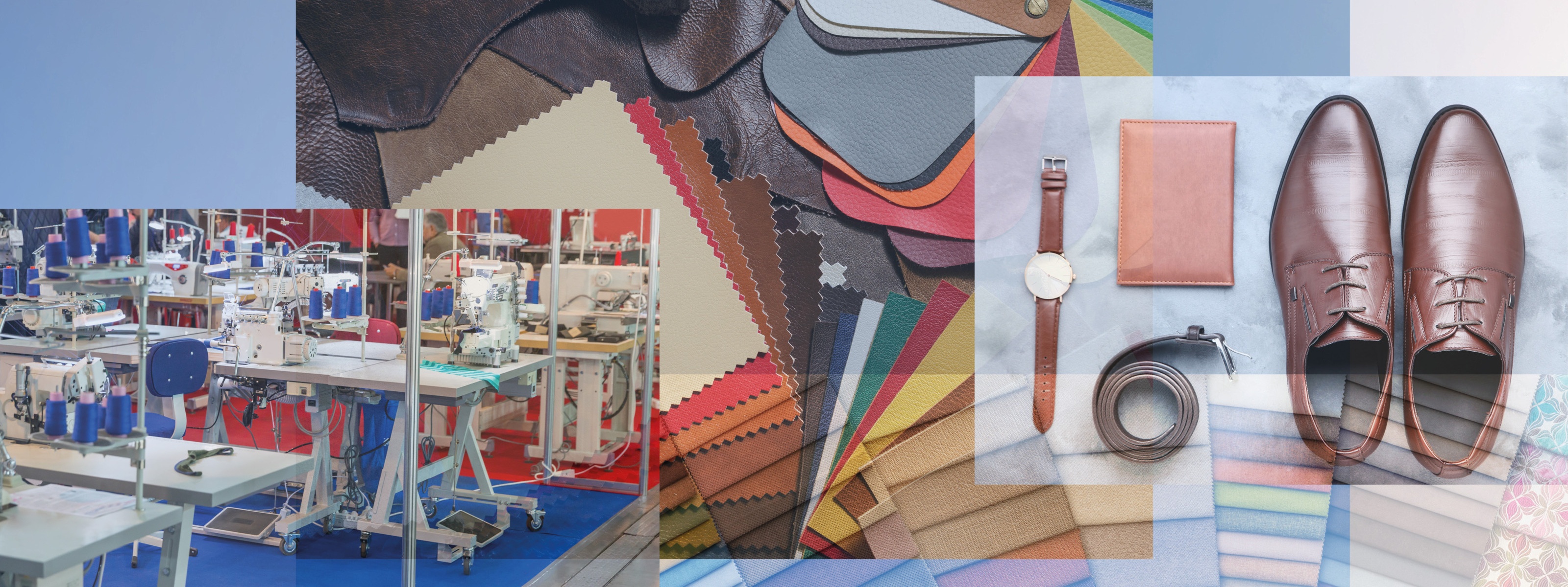 Collage mit unterschiedlichen Motiven der Textil-, Bekleidungs-, Schuh- und Lederindustrie: Lederschuhe, Geldbörse, Gürtel und Uhr, Fertigungstische, Leder- und Stoffmuster