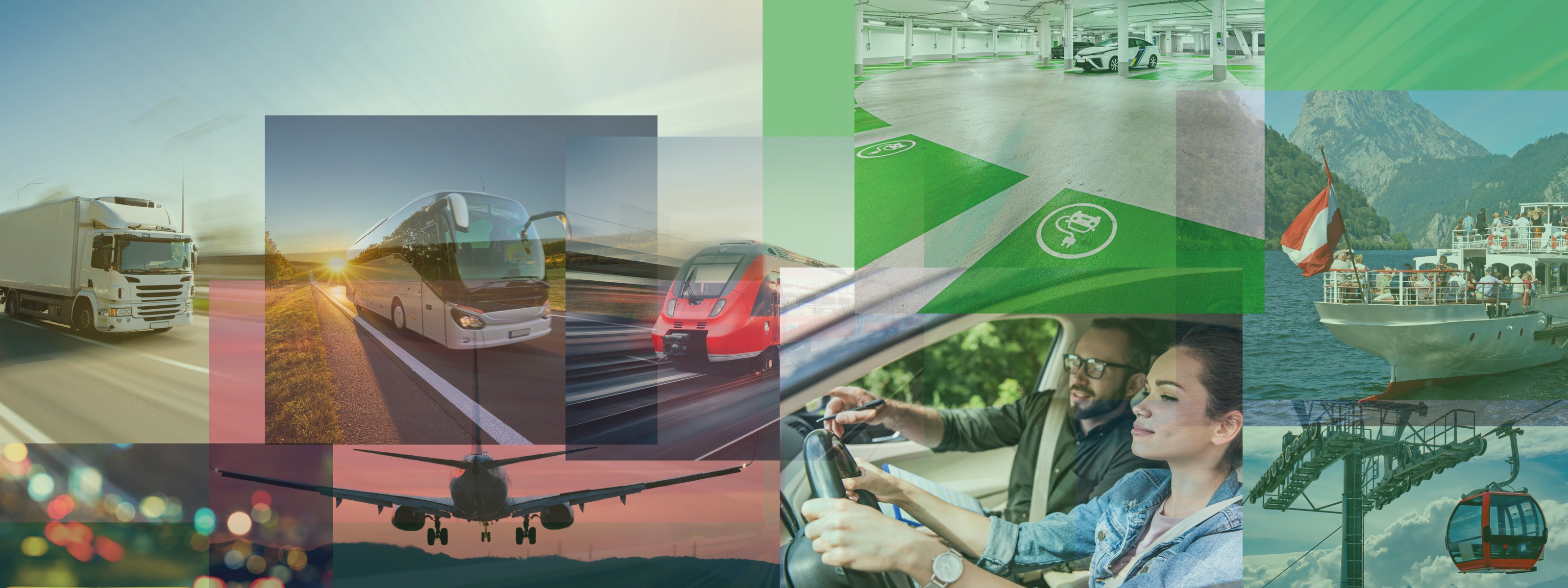Collage mehrere Bilder mit grünen eckigen Farbelementen: Lkw, Bus, Zug, Auto fahrende Personen, Seilbahngondel, Schiff, Flugzeug und Taxischild