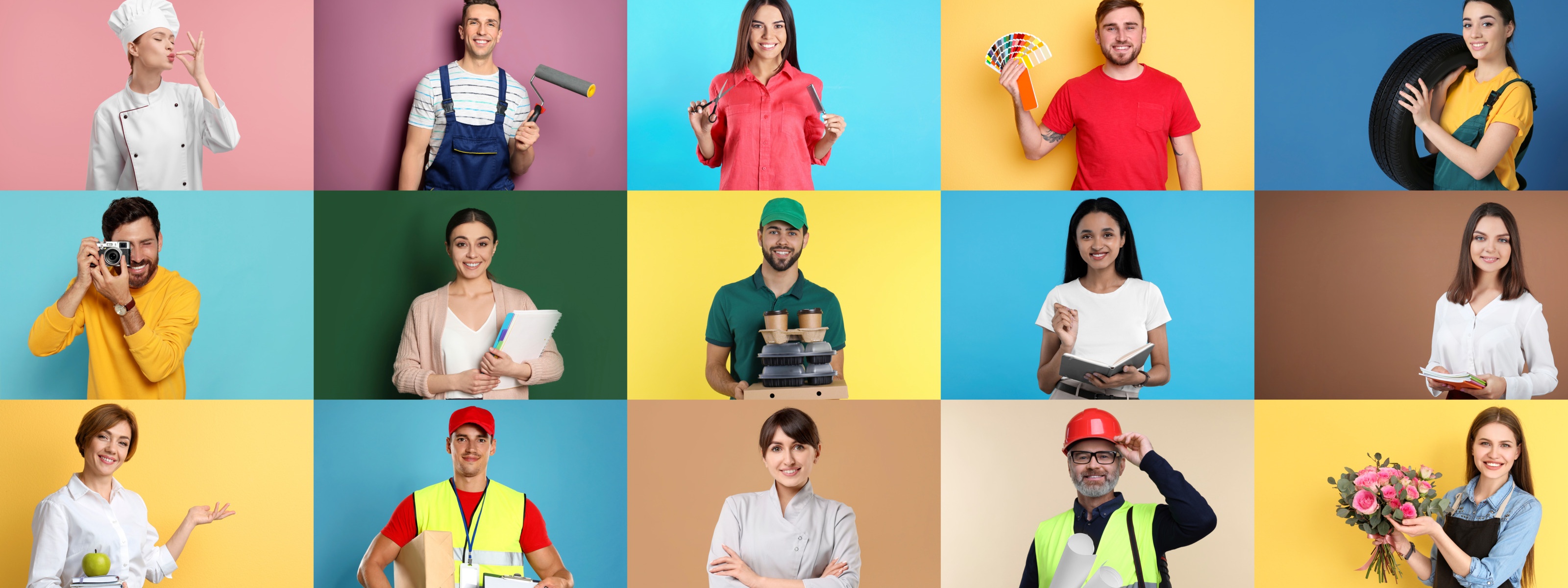 Vor einem bunten Hintergrund stehen in separaten Kästchen insgesamt fünfzehn Personen. Eine Person hält einen Autoreifen. Eine Person trägt Kochkleidung und eine Kochhaube. Eine Person fotografiert mit einer Kamera. Eine Person trägt einen Bauhelm 