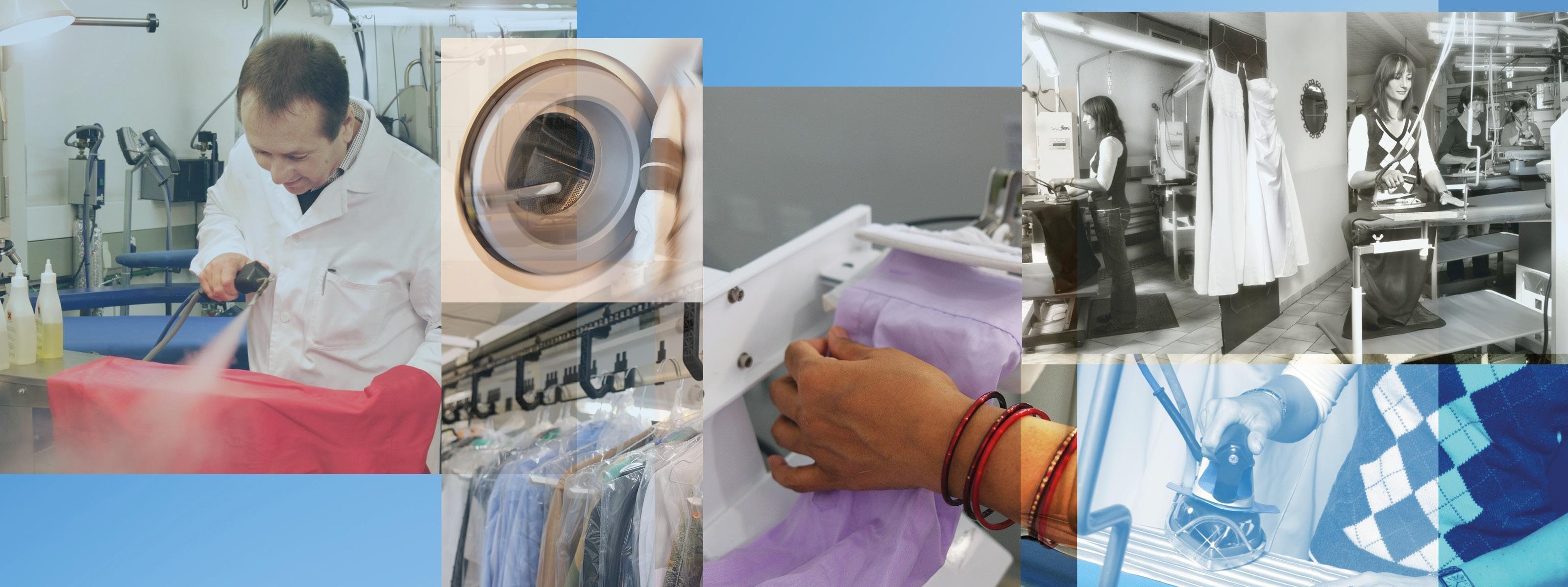 Collage aus verschiedenen Farb- und schwarz-weiß Bildern zum Thema Textilreinigung mit Personen, die in der Textilreinigung arbeiten, einer Waschmaschine, gereinigter Kleidung, einem Bügelbrett