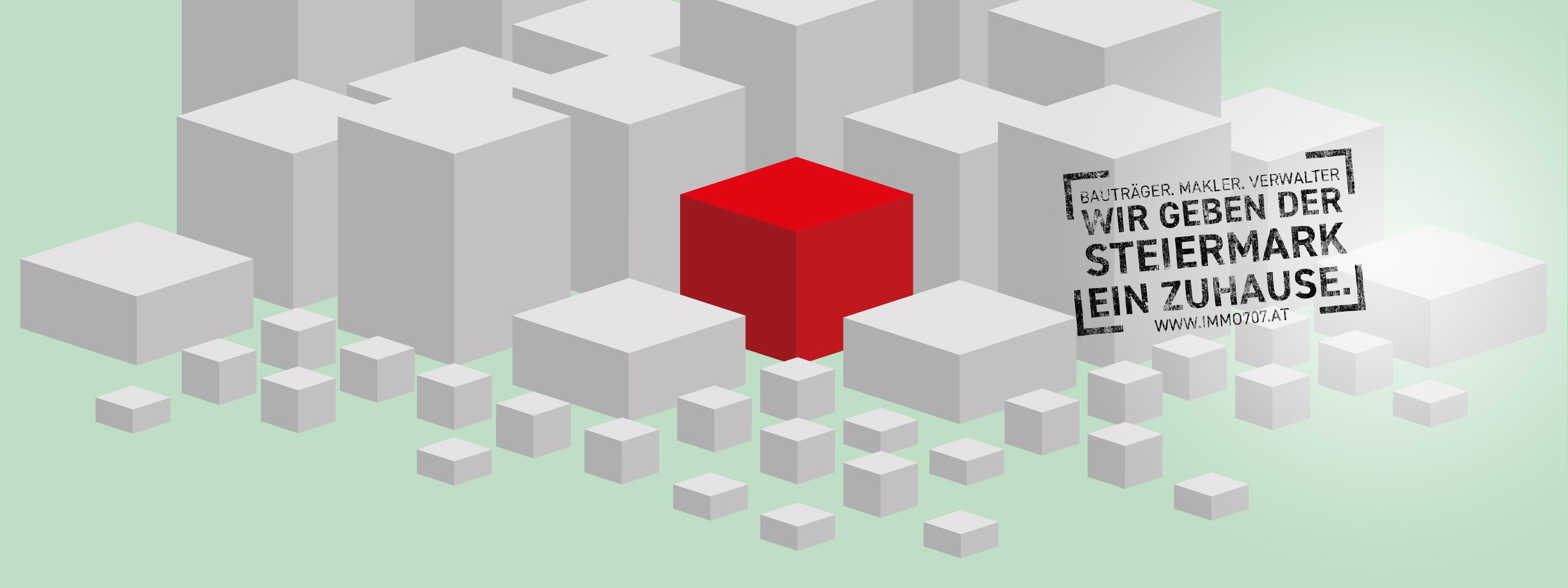 Grafische Darstellung einer stilisierten Stadt aus weißen Würfeln auf grünem Hintergrund, in deren Mitte ein einzelner roter Würfel hervorsticht. 