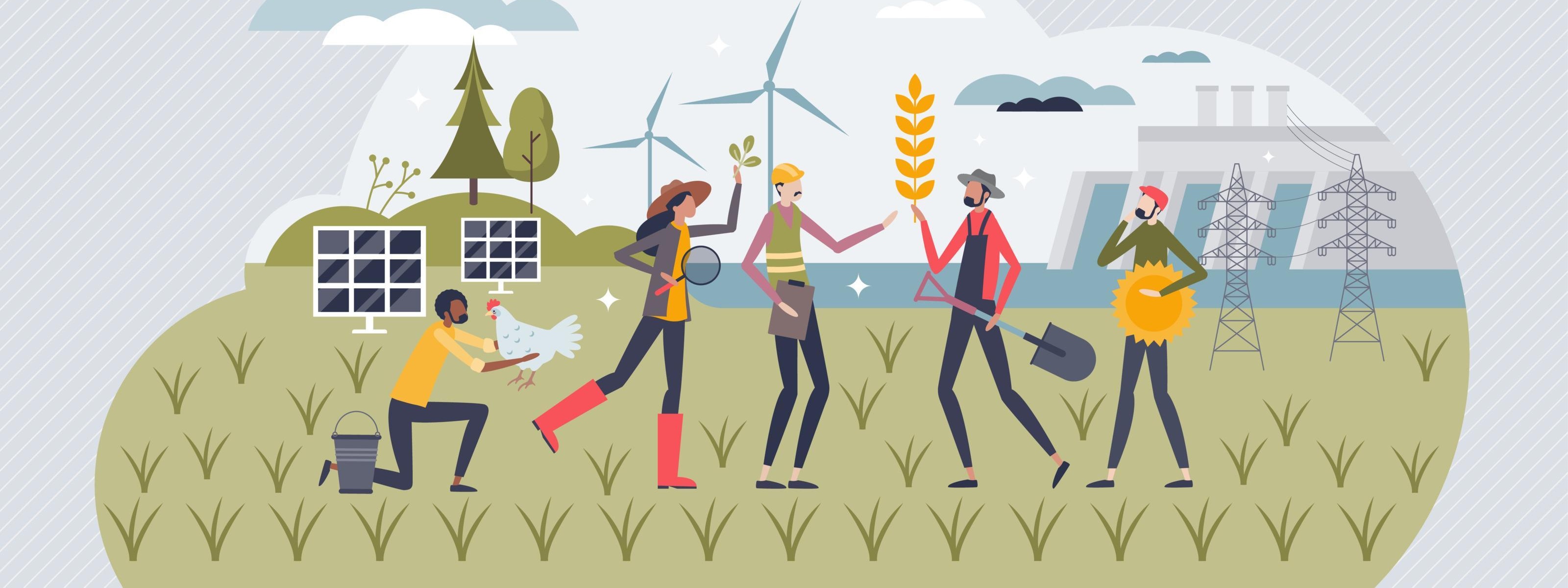Illustration mehrerer Personen in unterschiedlichen Berufskleidungen auf Wiese stehend, im Hintergrund Bäume, Windräder, Solarpaneele und Wasserkraftwerk