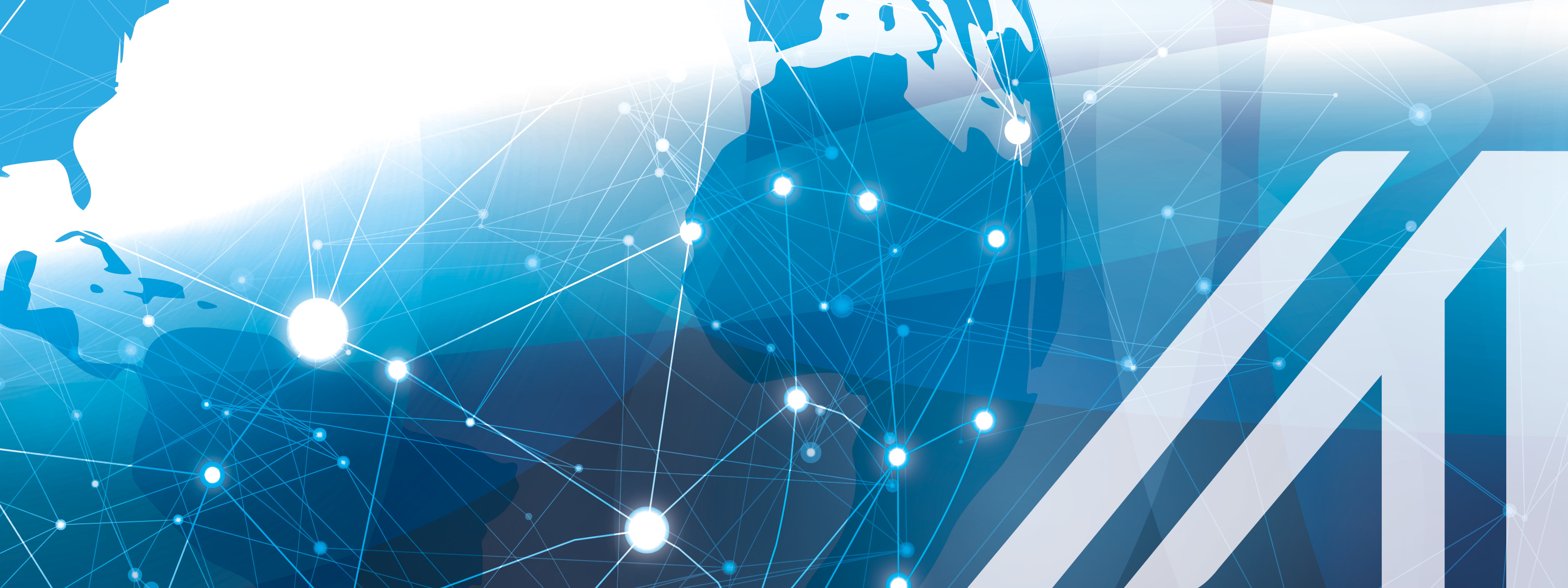 Illustrierte Weltkugel mit einzelnen Punkten, die ein Verbindungsnetz ergeben; über das Bild wurde ein weißes Austria A gelegt