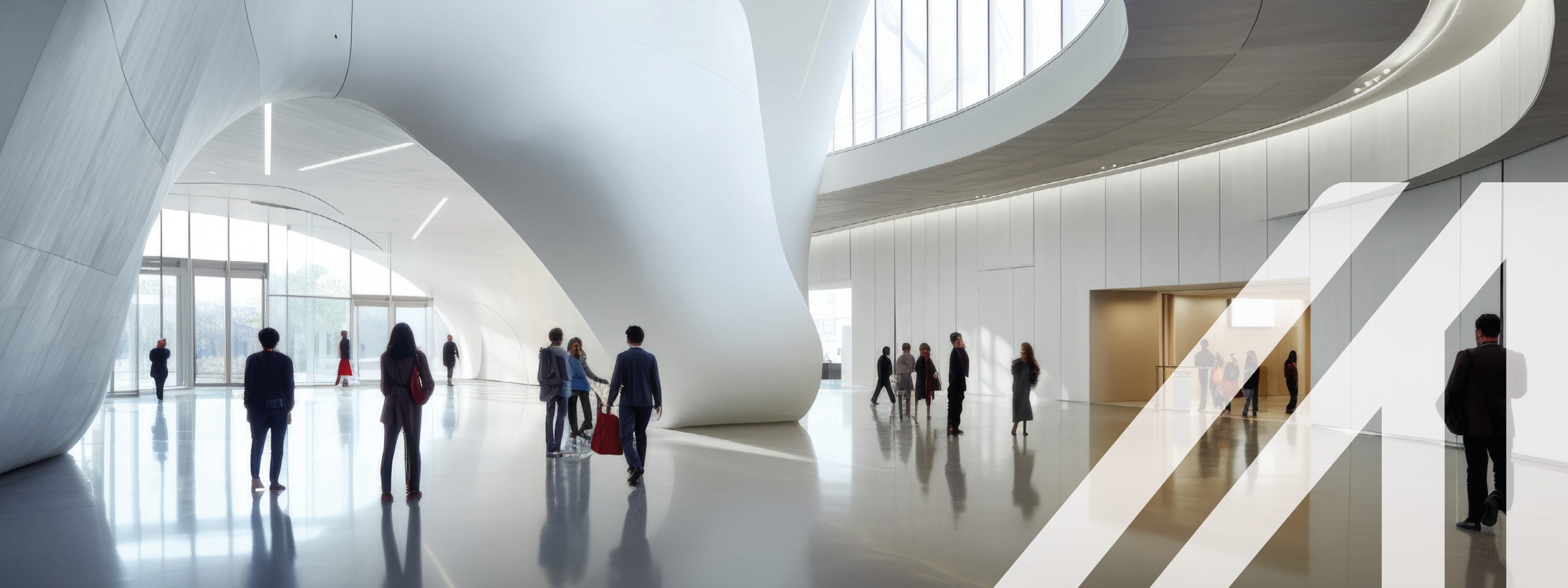 Eingangshalle mit Menschen eines modernen Kulturzentrums, moderne Architektur. Generative AI
