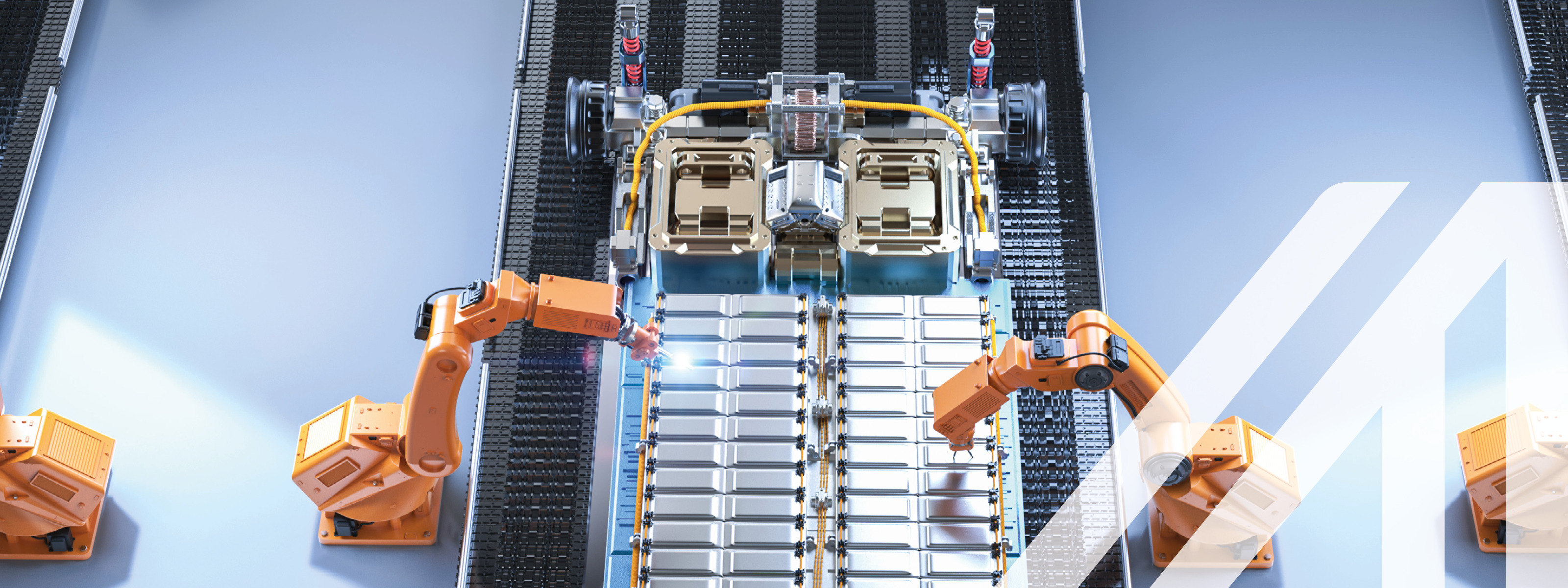Orangene Roboterarme auf einer Montagelinie mit Batteriezellenmodul für Elektroautos 
