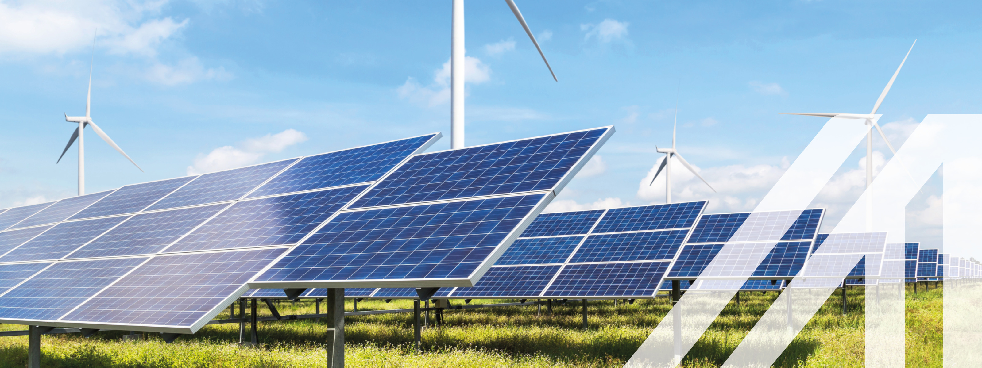Solarzellen mit Windturbinen, die in einem Hybridkraftwerk Strom erzeugen, unter blauem Himmel auf der grünen Wiese. 