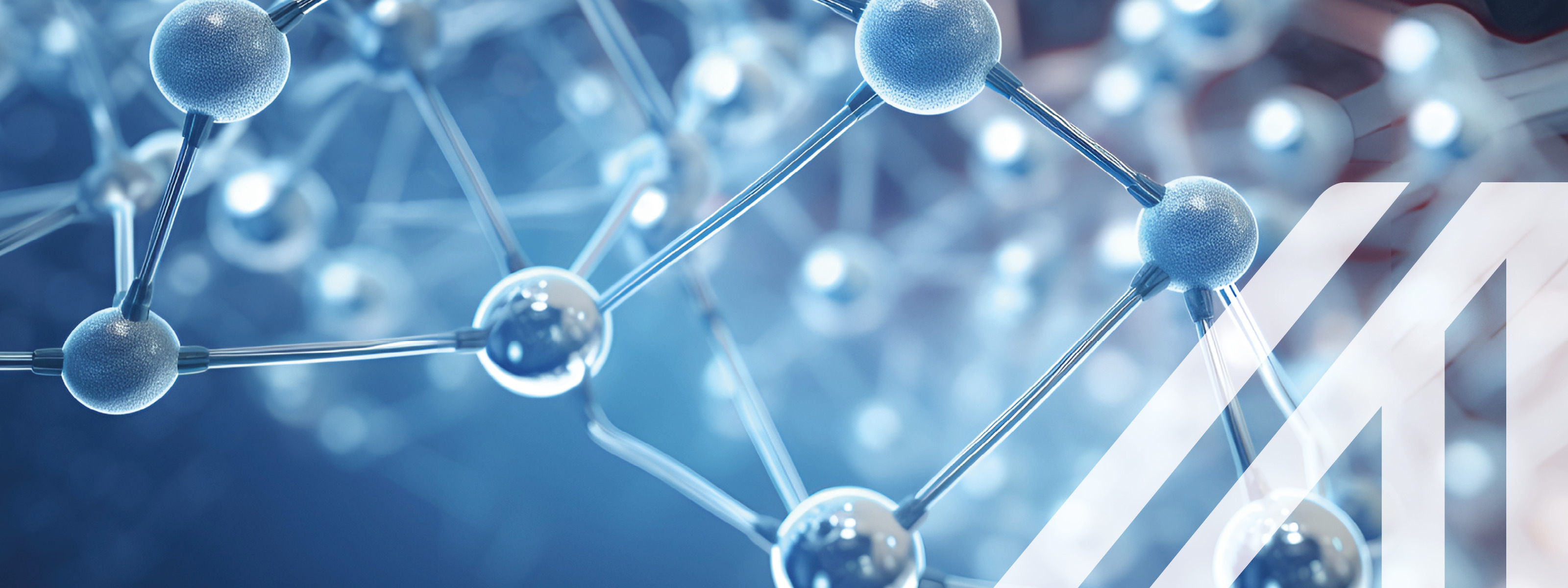 <br />
Abstrakte Struktur von Molekülen in hellen Blautönen vor dunklem Hintergrund, KI generiert.<br />
