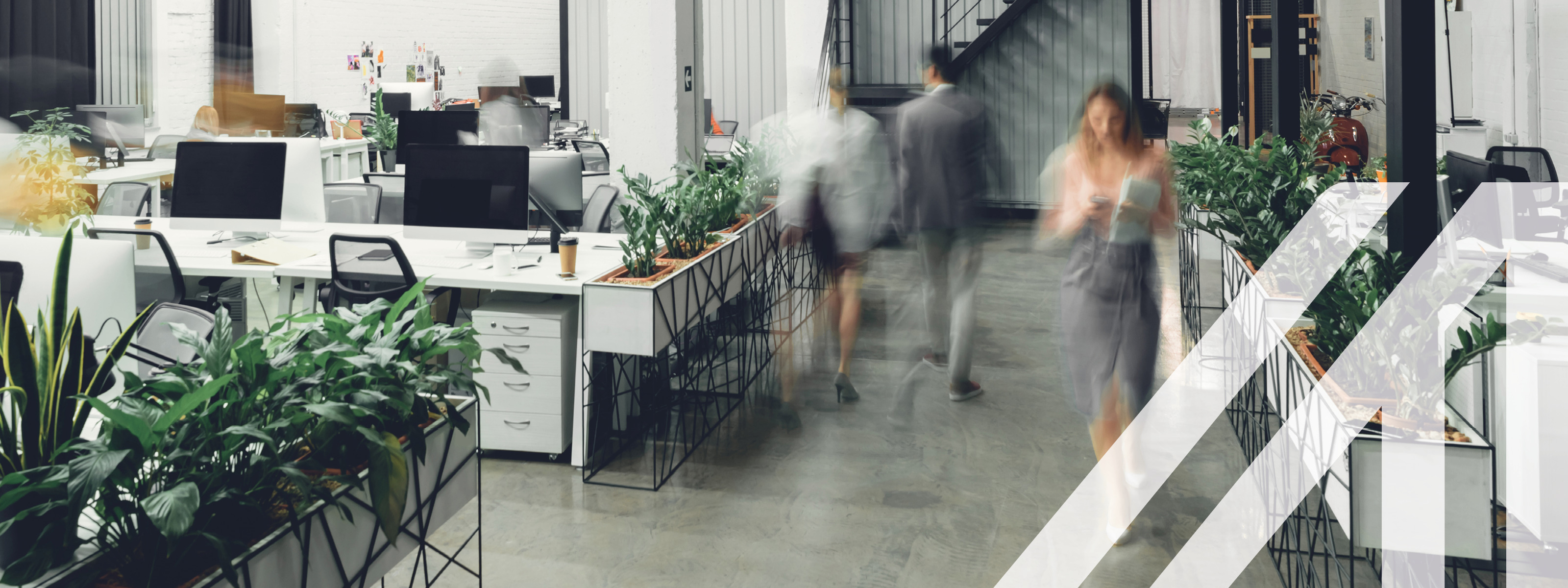 Modernes Großraumbüro mit Pflanzen und Schreibtischen, verschwommene Arbeitskollegen bewegen sich