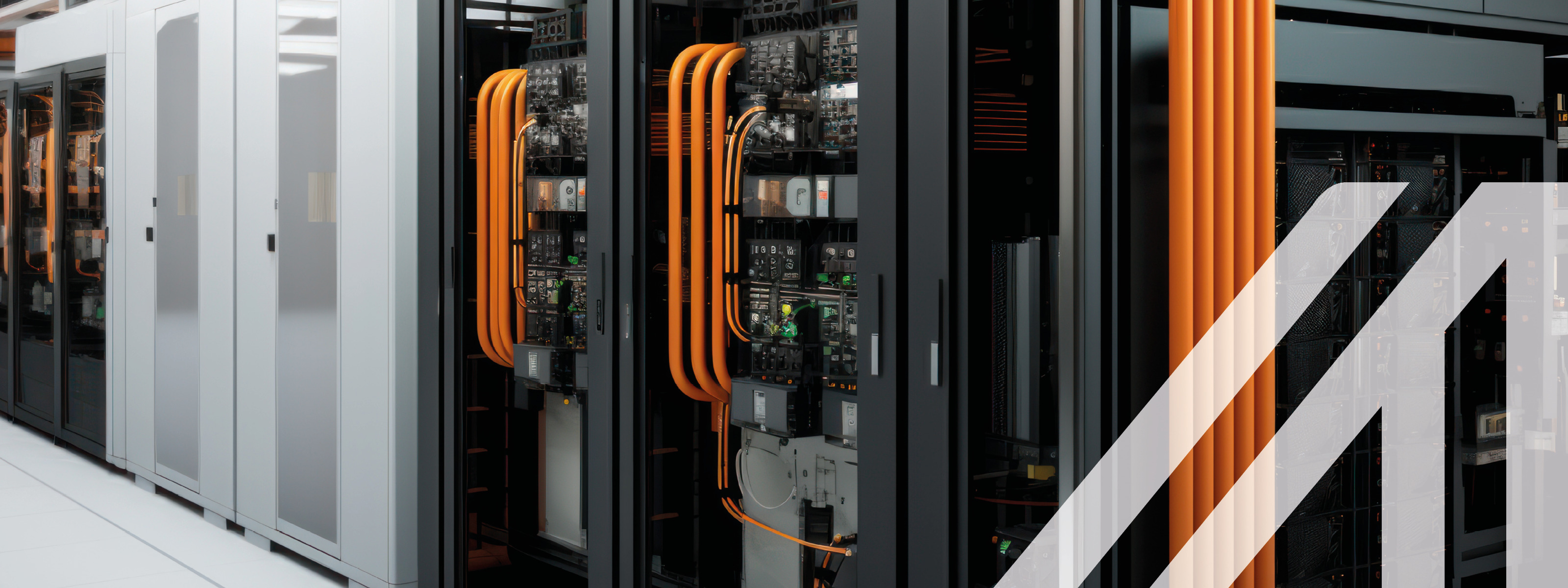 Darstellung eines hochmodernen Rechenzentrums mit Reihen von Serverschränken, Kühlsystemen und redundanten Stromversorgungen