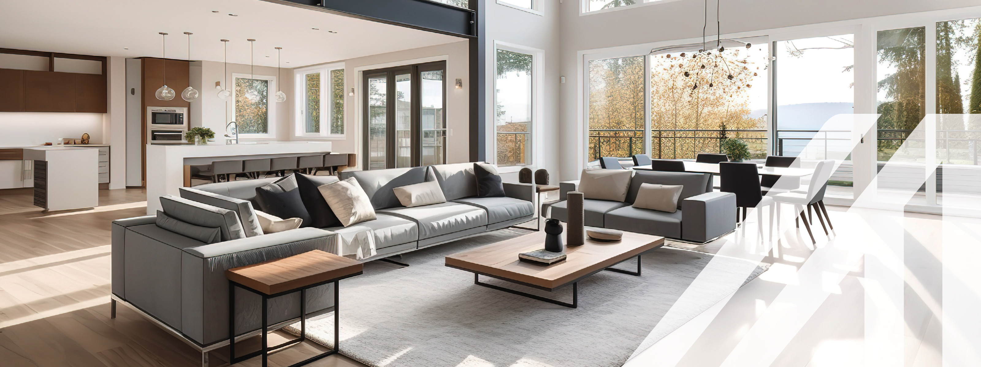 Modernes Wohnzimmer-Interieur in einem neuen Luxus-Haus mit offenem Grundriss. Man sieht Küche, Ess- und Wohnbereich vor bodentiefen Fenstern mit grünem Außenbereich, Generative KI.