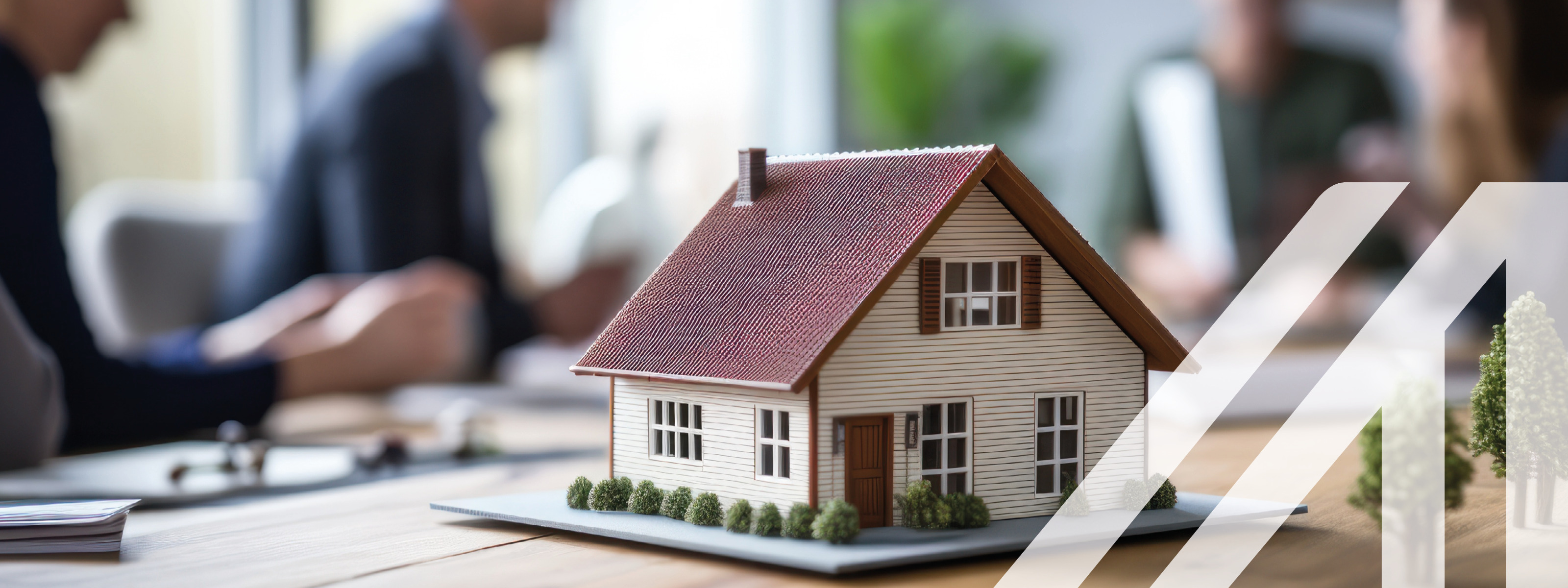 3d Render Modell eines kleinen lebenden umweltfreundlichen grünen Hauses auf einem Tisch in einem Immobilienbüro. Immobilienmakler und der Käufer bei Unterzeichnung eines Vertrages. Generative KI