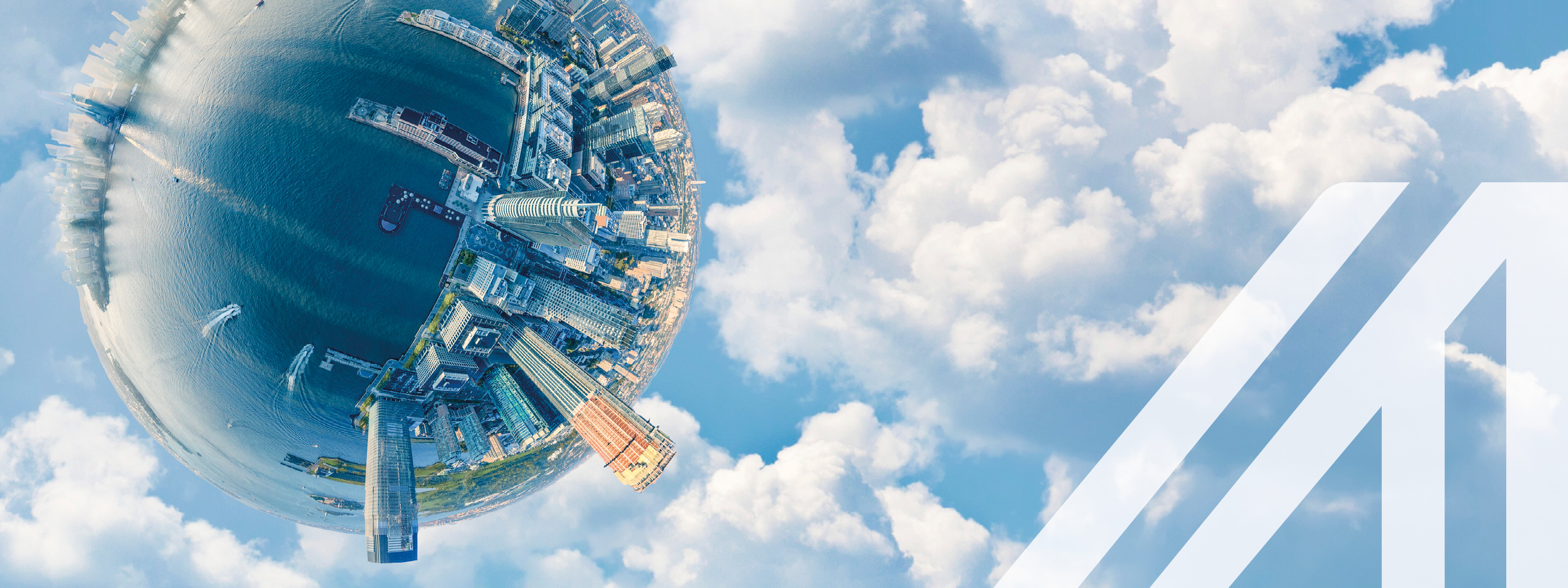 720-Grad-Ansicht von New York bei Sonnenaufgang mit Skyline aus dem Weltall, Blick auf den ganzen Erdball <br />
Über das Bild wurde ein weißes Austria A gelegt.