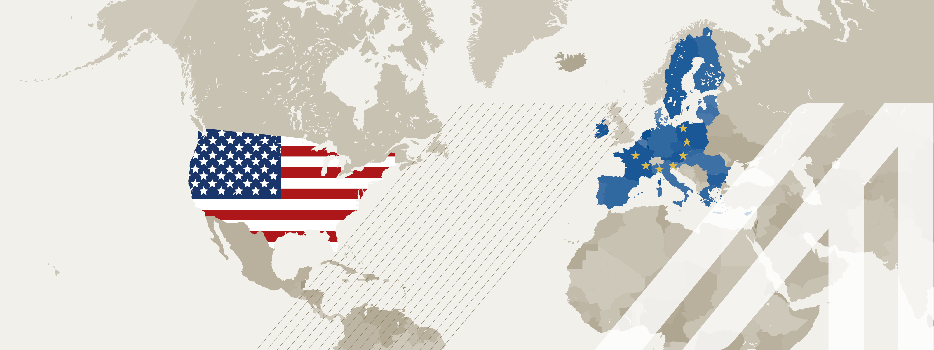 Weltkarte - die EU und USA hervorgehoben - AUSTRIA-A im Vordergrund