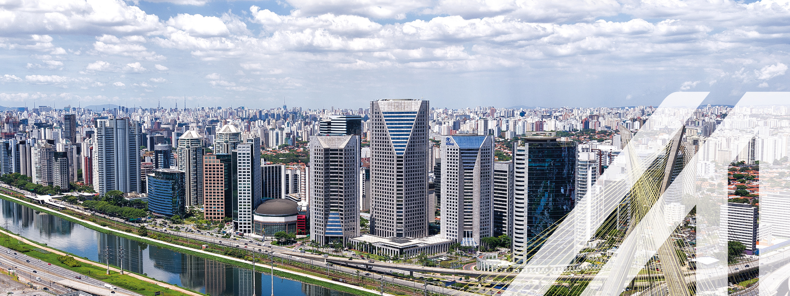 Blick auf die Skyline von Downtown Sao Paulo, Hauptstadt von Brasilien, wolkiger Himmel und Gewässer im Vordergrund