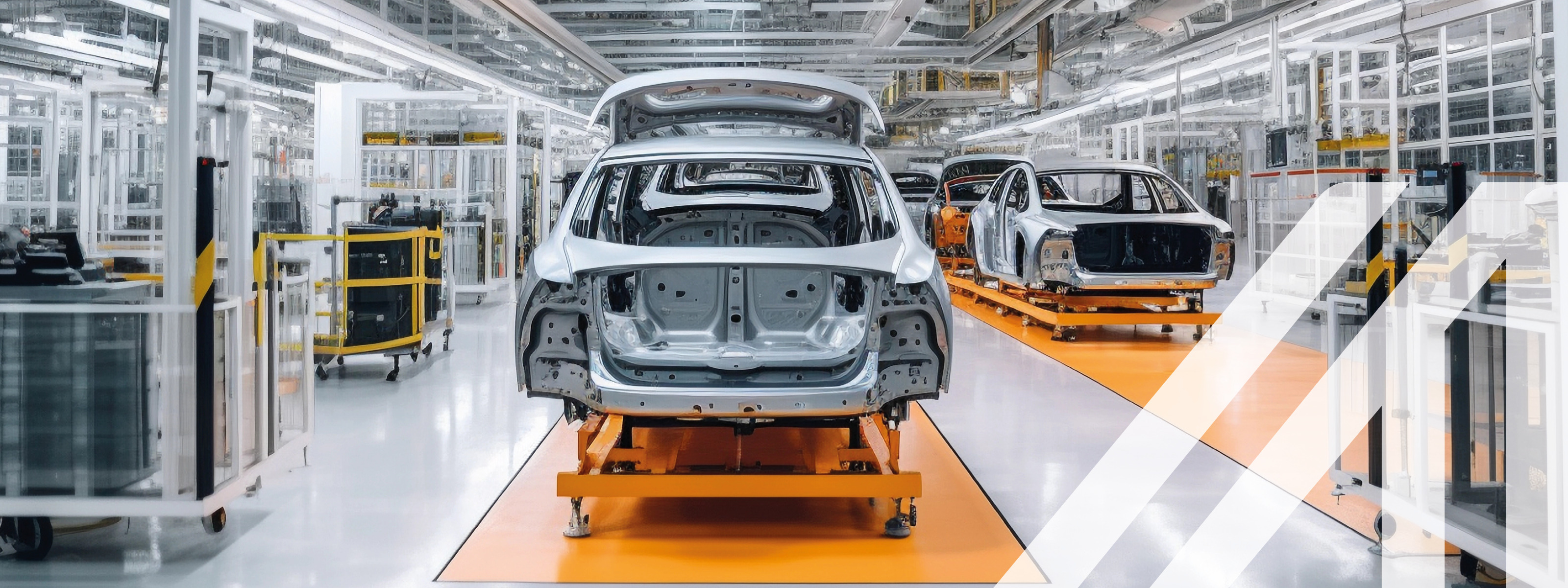 Futuristische Elektroautofabrik. Auto beim Zusammenbau in einer modernen Fabrikhalle