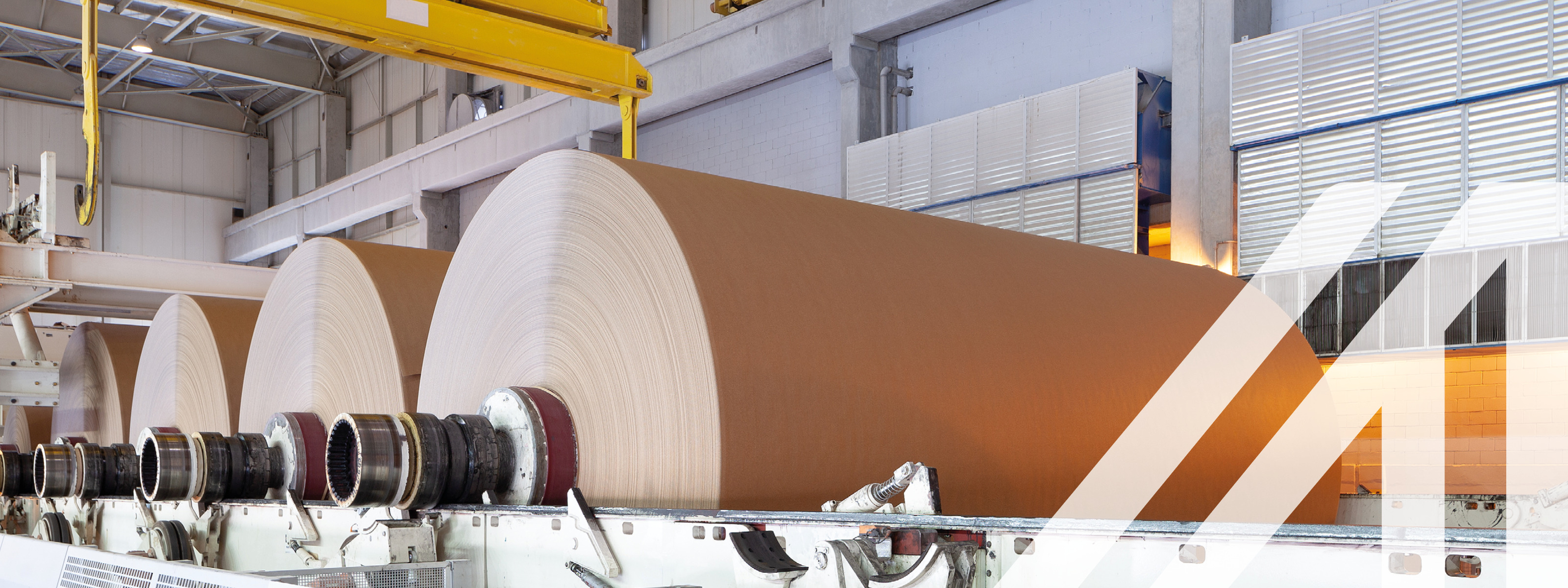 Maschinenpark in einer Papierfabrik mit großen Papierrollen. 