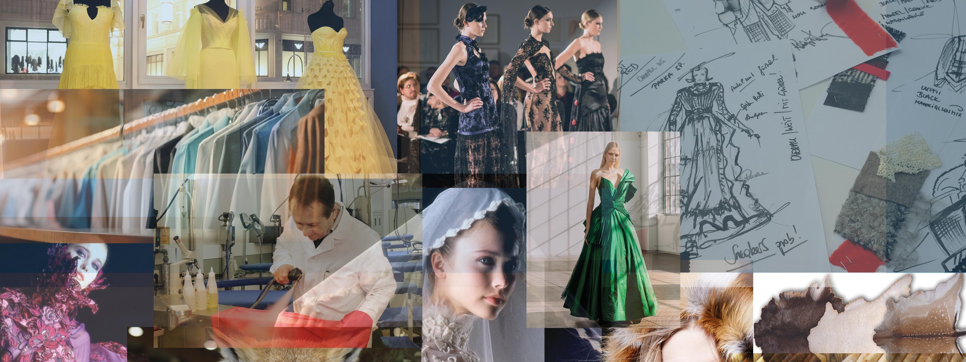 Collage aus verschiedenen Bildern zum Thema Mode- und Bekleidungstechnik mit Kleidungsstücken, Modellen in Haute Couture Kleidern, Illustrationen, Stoffmuster, Felle, präparierten Füchsen, einer Person, die ein Kleidungsstück reinigt
