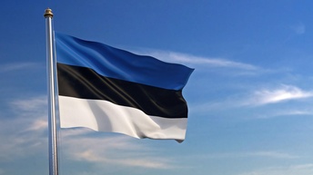 Die Flagge Estlands weht an einem Fahnenmasten im Wind unter blauem Himmel.