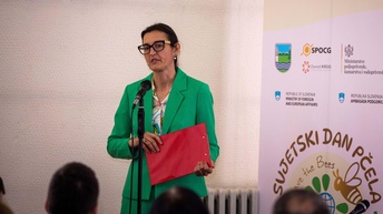 Eine Frau, die vor Publikum spricht.