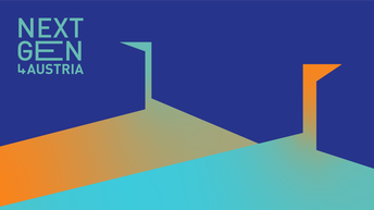 Titelbild Nextgen4you. Oben links der Schriftzug in türkis auf blauen Hintergrund in Großbuchstaben in drei Zeilen: erste Zeile Next, zweite Zeile Gen, dritte Zeile 4Austria. Unten links befinden sich drei Wörter in der selber Farbe: Übernehmen, Weiterentwickeln, Nachfolgen. Darunter befinden sich zwei Dreiecke in orange und türkis mit jeweils einer Fahne auf den Spitzen. 