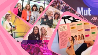 Eine Collage aus mehreren Fotos zeigt Frauen auf einer Veranstaltung – beim Netzwerken, auf einer Bühne, in Gesprächen und beim Lesen einer Broschüre – vor einem pink gestalteten Hintergrund mit vielen Menschen und einer Konferenzatmosphäre.
