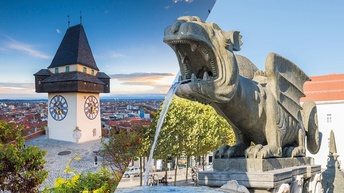 Collage des Uhrturms in Graz und des Lindwurms in Klagenfurt