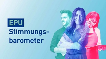 Sujet mit dem Text EPU Stimmungsbarometer in der linken Bildhälfte vor blauem Hintergrund. in der rechten sind drei Personen abgebildet, eine davon telefoniert und hält ein Clipboard. Die Personen sind als Grafik in Pastellfarben hinein-montiert.