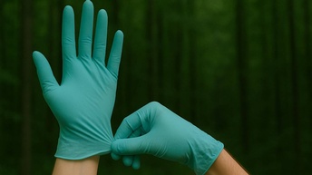 Hände mit Kautschuk-Handschuhen vor Wald