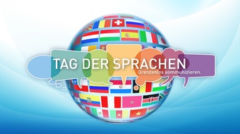 Weltkugel aus internationalen Flaggen + Schriftzug TAG DER SPRACHEN