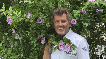 Herbert Eipeldauer vor einem rosa blühenden Hibiskus