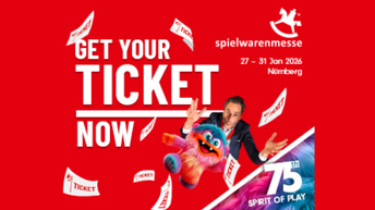 Werbegrafik zur Spielwarenmesse 2026 in Nürnberg mit Schriftzug „Get your ticket now“, Mann, Plüschmonster und fliegenden Tickets.