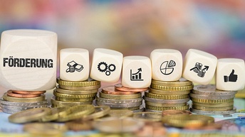 Würfel mit Schriftzug Förderung und unterschiedlichen Icons auf Münzen platziert