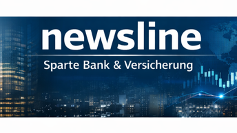Mehrere EU-Flaggen im Wind wehend, durch die Sonnenlicht fällt, im Hintergrund Gebäude mit Glasfassade und Bäume - Schriftzug: newsline