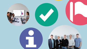 Arbeitsgruppen umringt von unterschiedlichen Symbolen wie einem Infozeichen