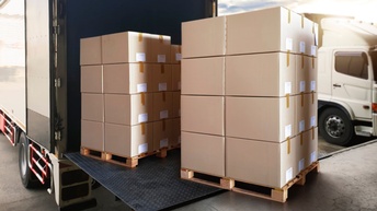 Pakete stehen auf Europaletten und werden in einen LKW geladen