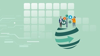 Illustration zum Thema Nachhaltigkeit: Zwei Personen stehen auf Kugel mit Pfeilen neben Baum mit Symbolen zu Umwelt, auf grünem Hintergrund mit weißen Quadraten und Linien 