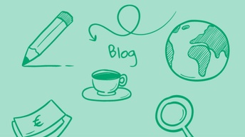 Auf der linken Seite ist ein gezeichneter Stift, daneben steht eine Kaffeetasse mit Unterteller und rechts ist eine Weltkugel, in der Mitte steht 