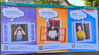 Plakat der Fachgruppe Immobilien- und Vermögenstreuhänder mit drei verschiedenen Sujets